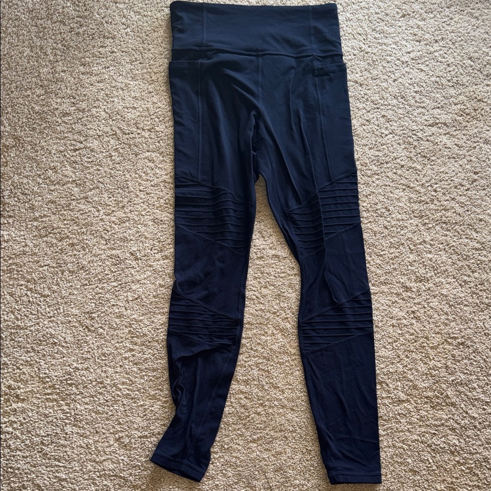 Athleta Navy moto salutation leggings